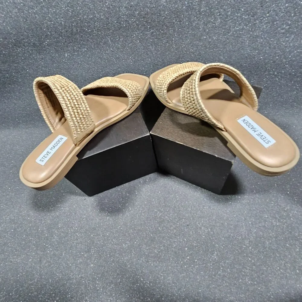 Steve Madden Dual Flat Slides Sandals-Natural Woven Raffia